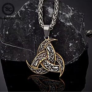 18K White Gold Viking Celtic Triquetra Pendant Necklace Witch Biker Unisex